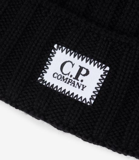 C.P. Company Extrafine Merino Wool Logo Beanie Black