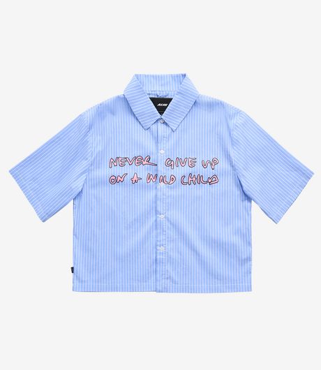 Alis Theotis Cropped Short Sleeve Chest Print Shirt White/Blue Stripe