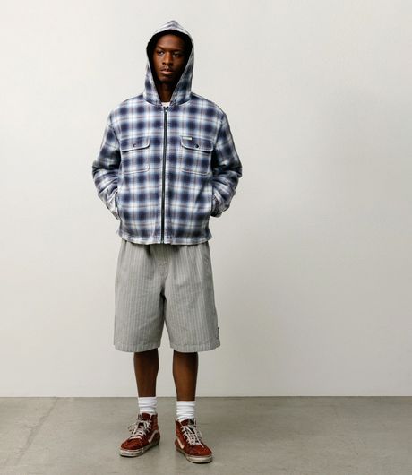 Stussy Zip Hooded Plaid Shirt Blue
