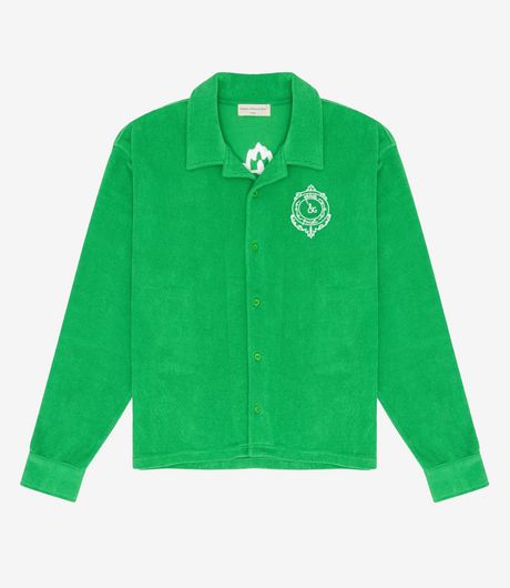 Museum of Peace and Quiet PQ Seal Terry Cloth Button Up Shirt Kelly Green