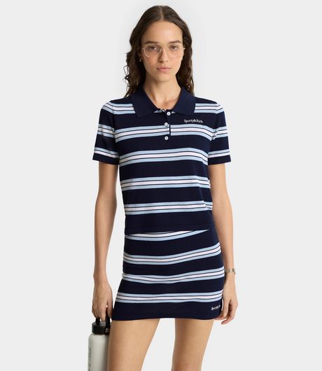 Sporty & Rich Serif Logo Silk Pique Cropped Polo Navy/White/Flax Blue