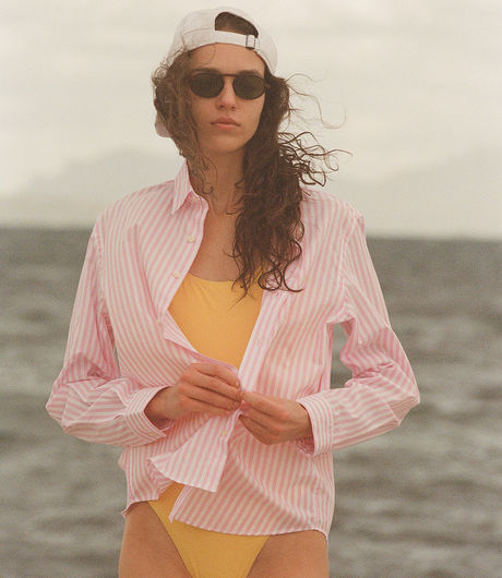 Sporty & Rich SRC Embroidered Button Down Shirt White/Pink Large Stripe/White
