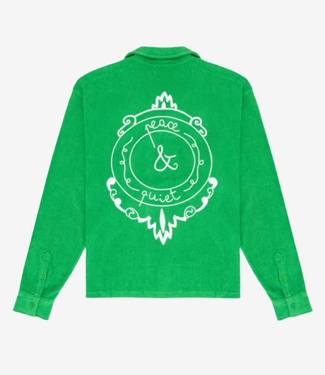 Museum of Peace and Quiet PQ Seal Terry Cloth Button Up Shirt Kelly Green