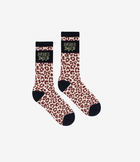 Bran Dead Paneled Logo Crew Socks Marroon/Leopard Navy