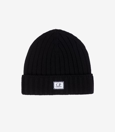 C.P. Company Extrafine Merino Wool Logo Beanie Black