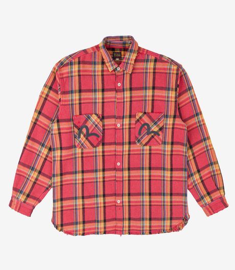 EVISU Heavy Washed And Distressed Flannel Shirt Red Check