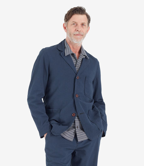 Universal Works Three Button Jacket Seersucker Navy