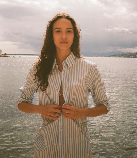 Sporty & Rich SRC Embroidered Button Down Shirt White/Sky Blue Large Stripe/White