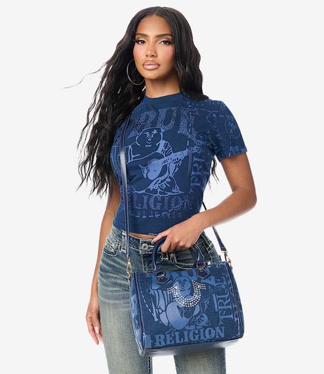 True Religion TR Buddha Denim Handbag Dark Wash