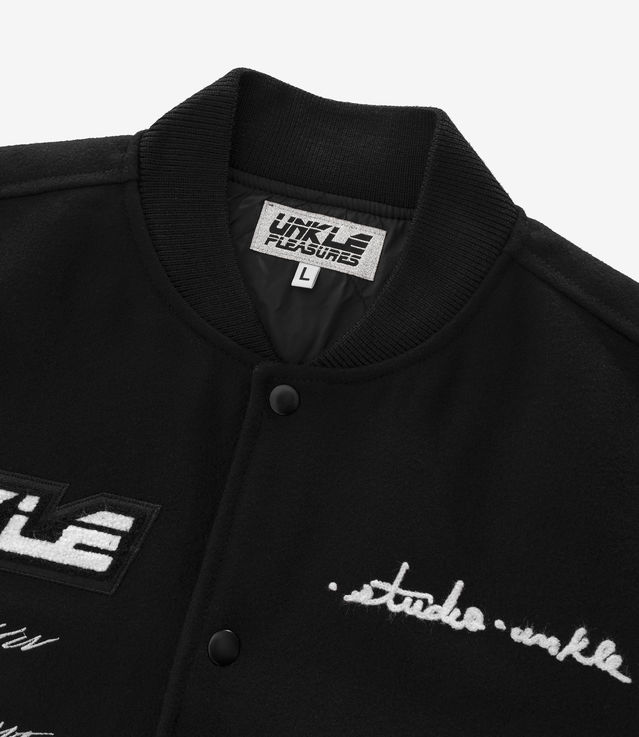 Shop Pleasures x UNKLE Mo' Wax Varsity Jacket Black/White at itk online  store