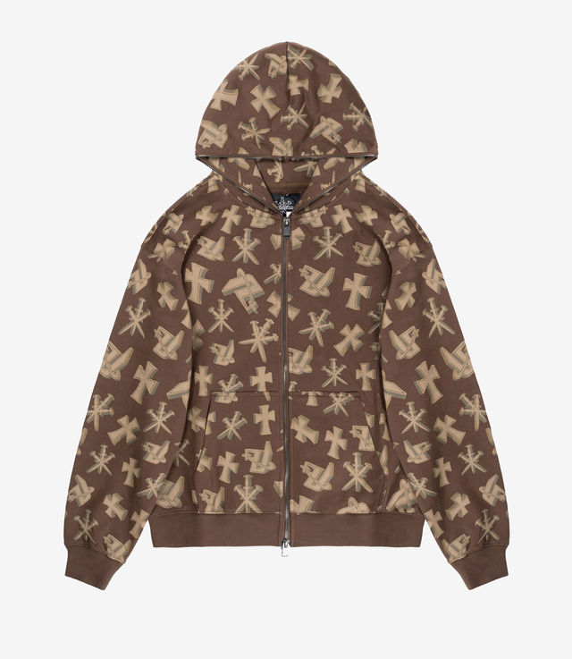 Shop Unknown London 3D Monogram Logo Full Zip Hoodie Brown