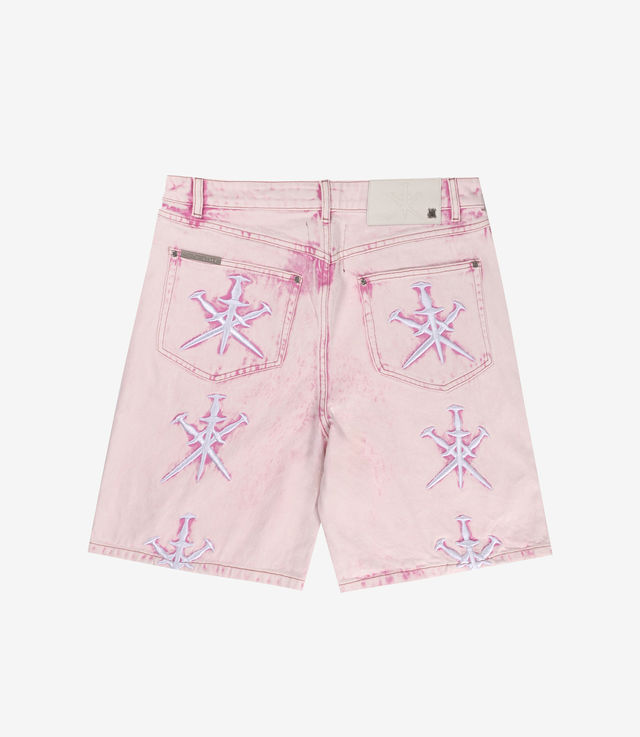 Shop Unknown London Dagger EMB Denim Shorts Pink at itk