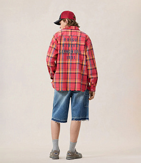 EVISU Heavy Washed And Distressed Flannel Shirt Red Check