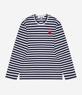 Comme des Garçons Play Long Sleeve Heart Stripe Logo Tee Dark Navy/White